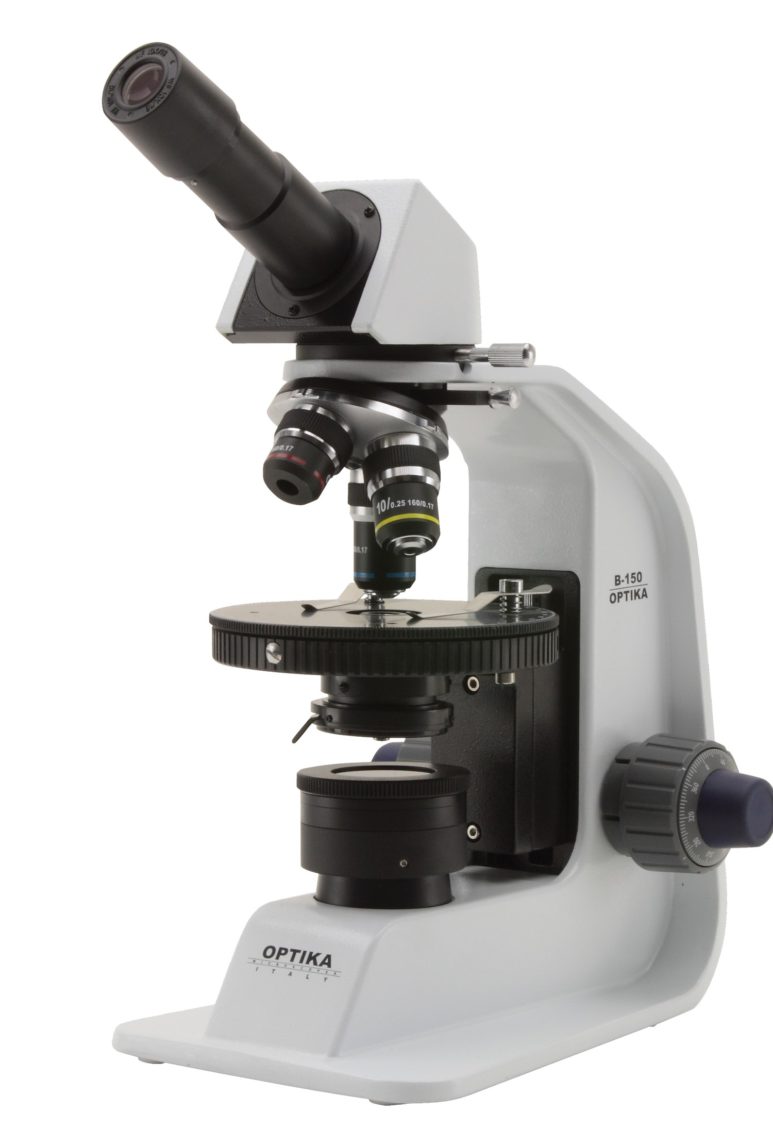 B-150POL-MR Microscopio polarizzante monoculare, 400x, tavolino ruotante, con batterie ricaricabili