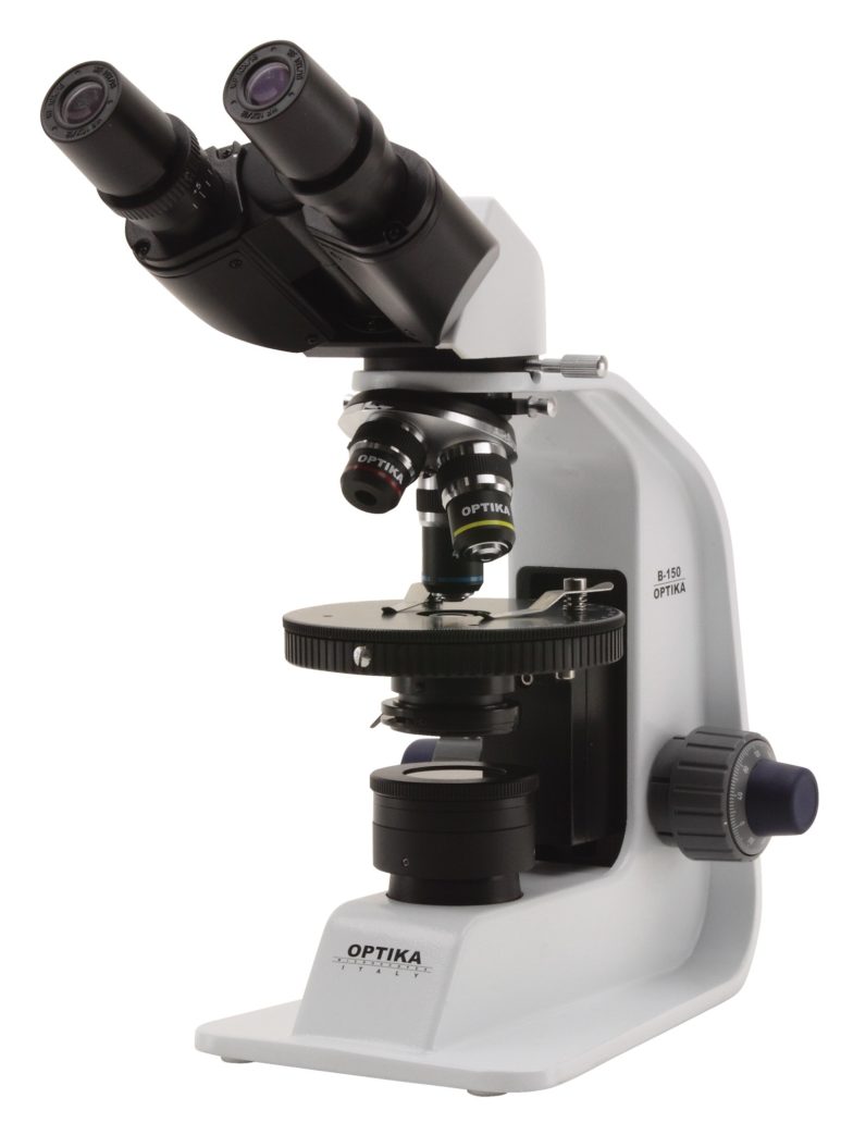 B-150POL-BR Microscopio polarizzante binoculare, 400x, tavolino ruotante, con batterie ricaricabili